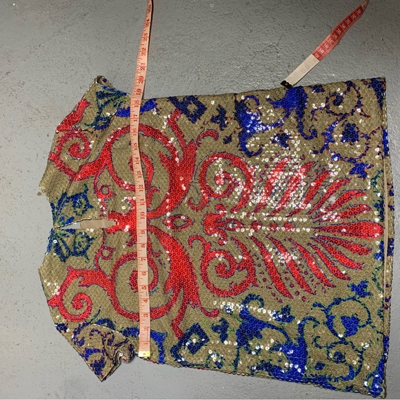 Sequin Shirt Blouse Tan Red Blue Baroque Sz 40 Short Sleeve Crew Party Event Top - Picture 13 of 16